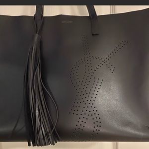 Yves Saint Laurent Black Leather Perforated Tote with Tassel
